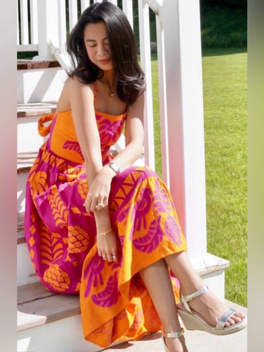 FARM Rio Orange and Magenta Tropical Strap Maxi Dress